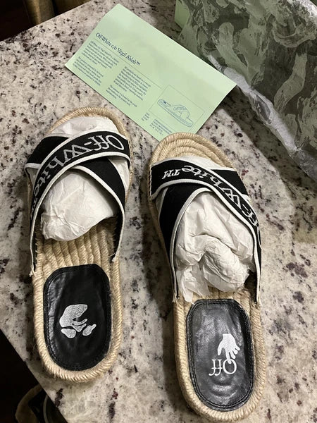 Off-White Black & White Logo Cross Strap Espadrille Slide Sandal Size Us8 Eu38