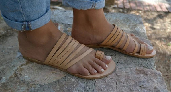 Ancient Greek style real natural leather sandals handmade slide strappy thong