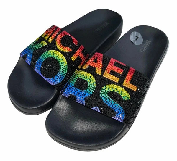 Michael Kors Slides Womens Rhinestones Rainbow Black Bling Sparkly Pride Gilmore