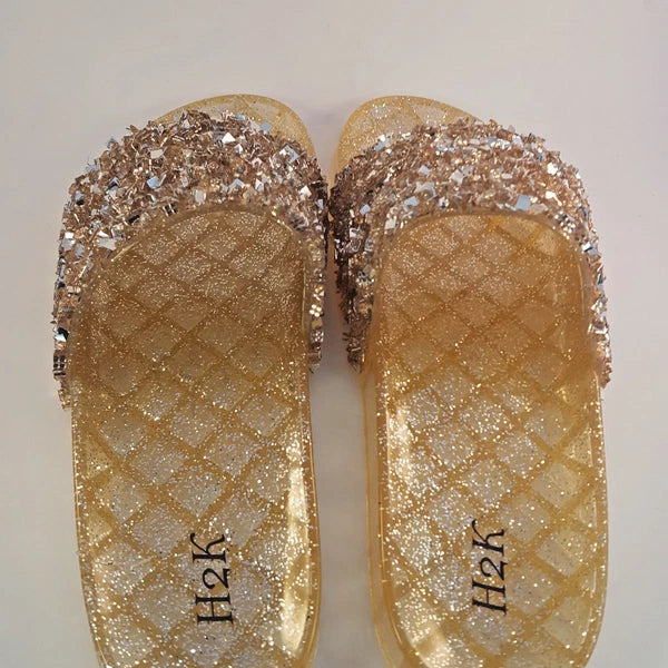 H2K CANDY Rose Gold Color Glitter Beads Fashion Slides Flip Flops Sandals Bling