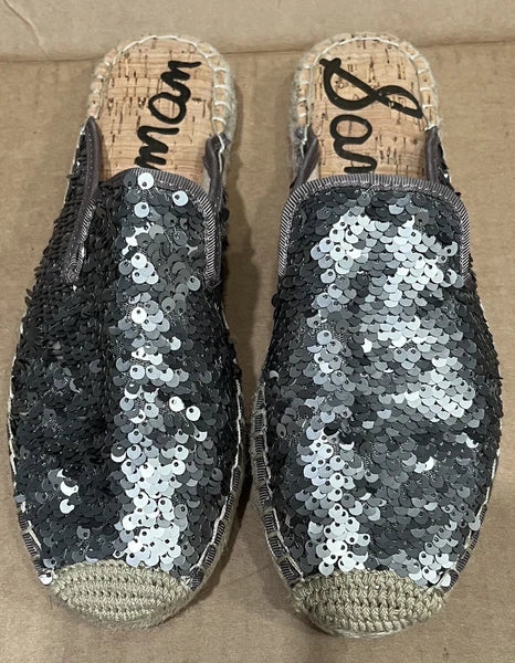 Sam Edelman Kerry Slip On Espadrille Slide Mule Flats Pewter Sequins. NWOB