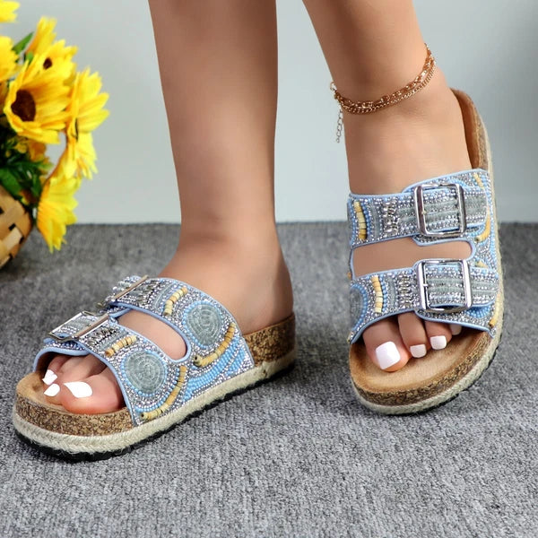 Glaze Women's Beaded Rhinestone Sandal Buckle Cork Footbed Slides Bohemian Style