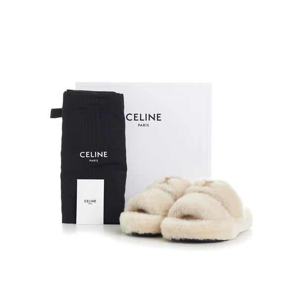 CELINE 870$ Triomphe Open Shearling Fur Slide Sandals - Signature Leather Patch