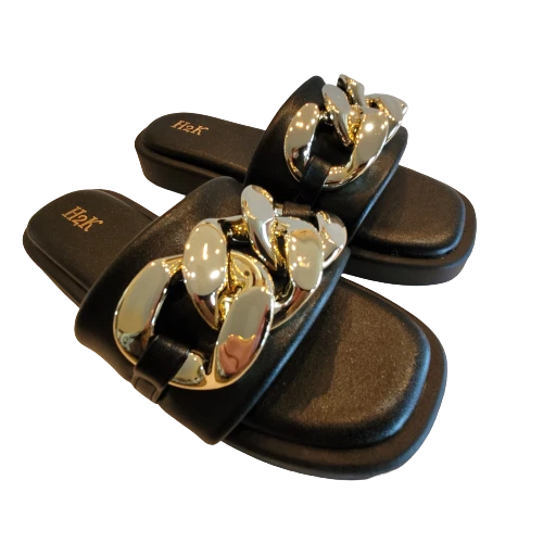 H2K Chain Black Fashion Comfort Soft Slides Flip Flops Sandals  Open Toe New
