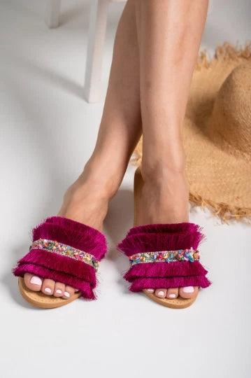 Ancient Greek style natural flat real leather fringe slide sandals handmade