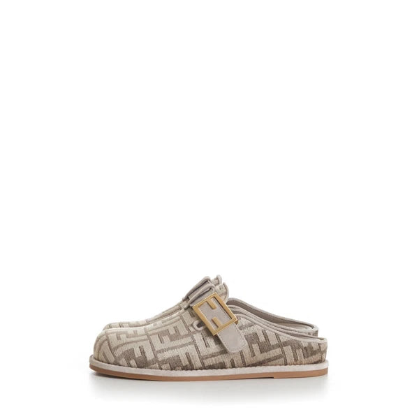 FENDI 995$ Dove Gray Chenille Sabots Sandals - FF Motif / FF Buckle