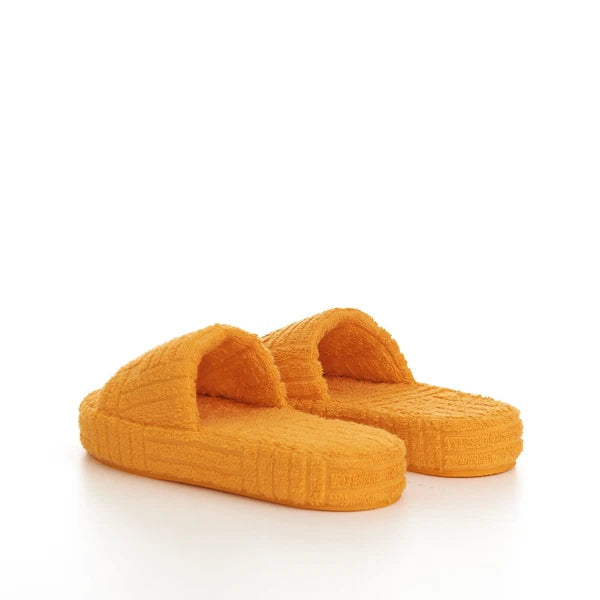BOTTEGA VENETA 600$ Sponge Slide Sandals - Tangerine Orange Cotton & Rubber