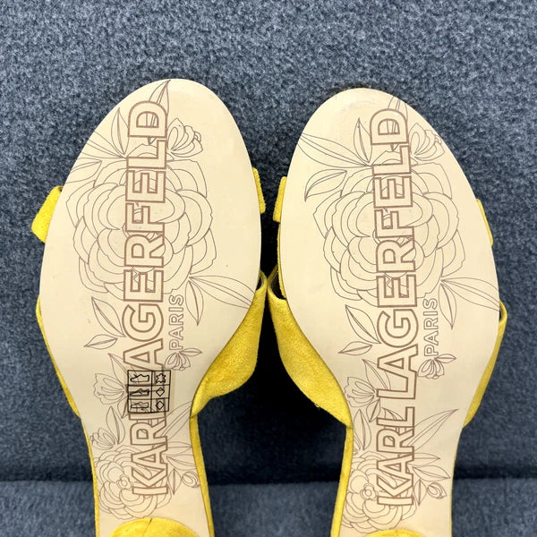 Karl Lagerfeld Sandals Women 7 M Yellow Suede Fawn Canary Slide 2" Block Heel