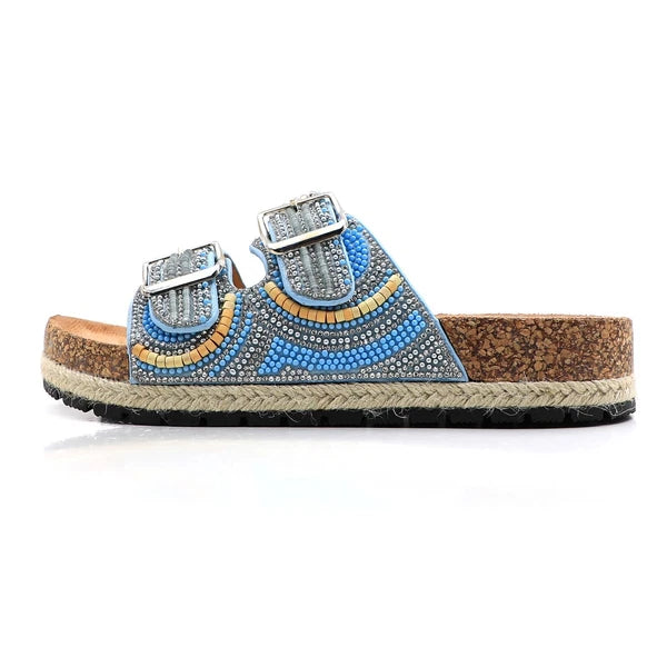 Glaze Women's Beaded Rhinestone Sandal Buckle Cork Footbed Slides Bohemian Style