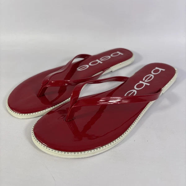 Bebe Ileana Red Patento Womens Size 7.5m Dark Red Flat Slip On Flop Style Slides