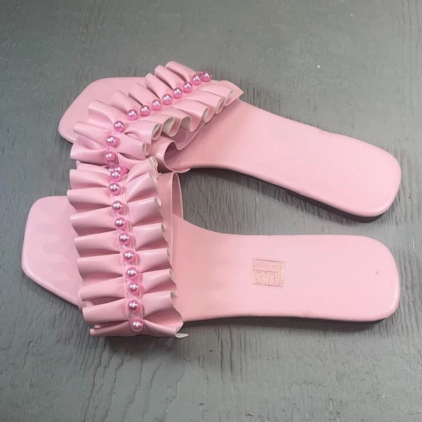 Women's Pearls Pink Ruffles Flat Dressy Sandals Fashion Square Toe Summer Beach