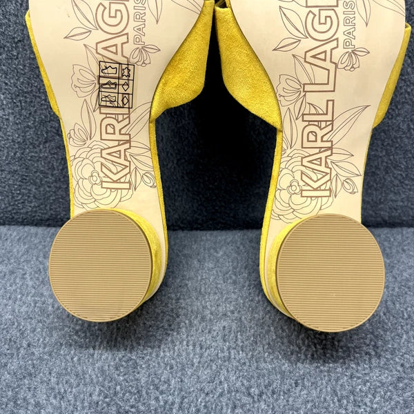 Karl Lagerfeld Sandals Women 7 M Yellow Suede Fawn Canary Slide 2" Block Heel