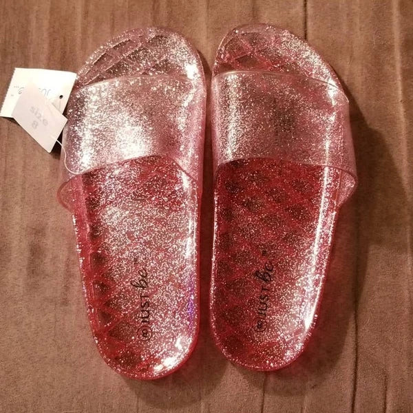 New Pink Glitter Sparkle Vintage Style Slides Sandals Size 8