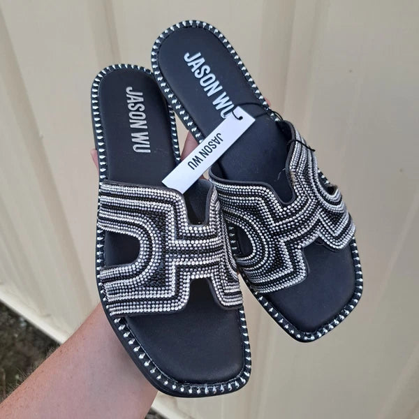 NEW Jason Wu Sandals Size 8 Black Silver Embellished Casual Slip On Slides Randi