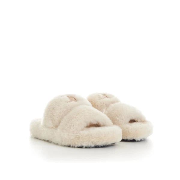 CELINE 870$ Triomphe Open Shearling Fur Slide Sandals - Signature Leather Patch