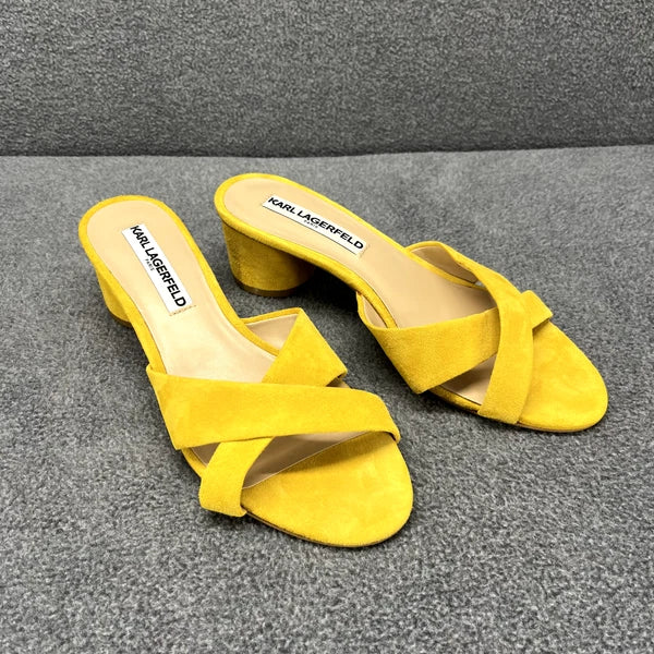 Karl Lagerfeld Sandals Women 7 M Yellow Suede Fawn Canary Slide 2" Block Heel