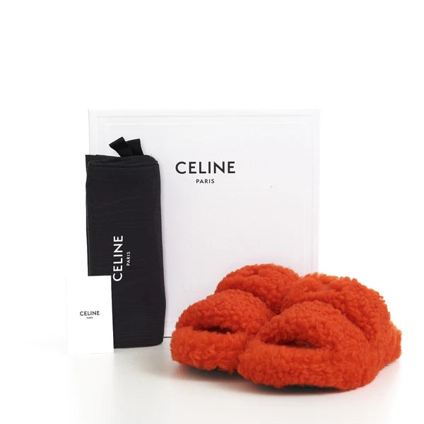 CELINE 730$ Fluffy Shearling Triomphe Fur Slide Sandals - Bright Orange, Patch