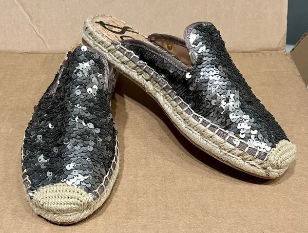 Sam Edelman Kerry Slip On Espadrille Slide Mule Flats Pewter Sequins. NWOB