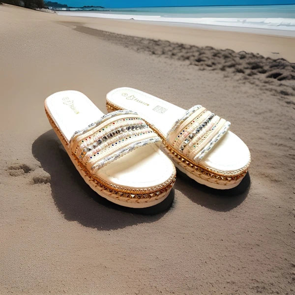 Summer Fashion Slides Sandals Women’s Size 10-10.5  New White Bling 1.25” Sole