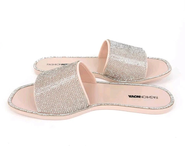 Fashion Nova Sandals Womens 10 w/ Box Flats Silver Rhinestones Slides Slip On