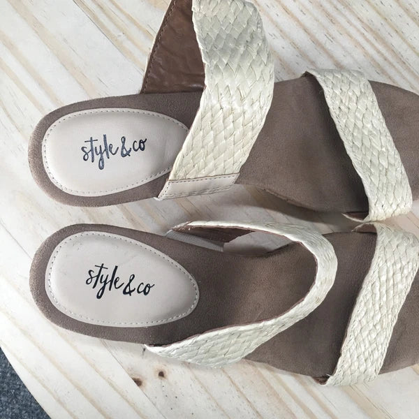 NEW Style & Co Sandals Womens 7.5 M Daliaa Cork Wedge Casual Slip On Slide Beige