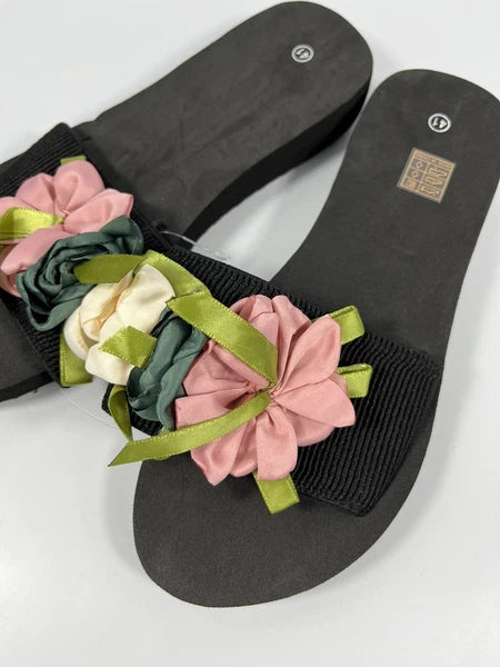 Women Flower Decor Single Band Slides Fashion Outdoor Polyester Slides  SIZE8.5