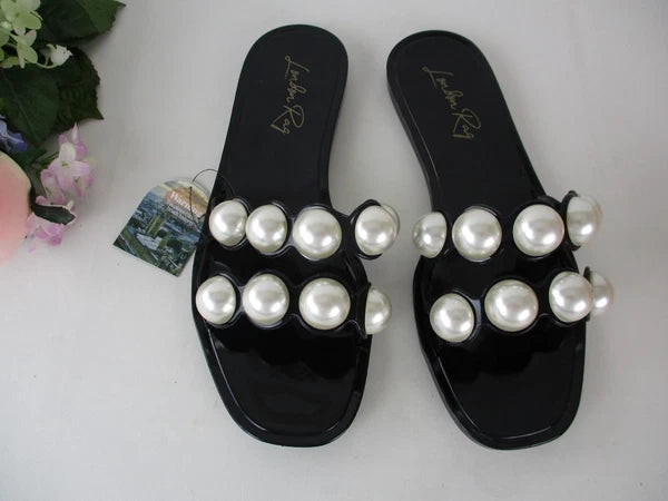NWT London Rag Black Jelly & Faux Chunky Pearl Fashion Slide Sandals size 6 / 37