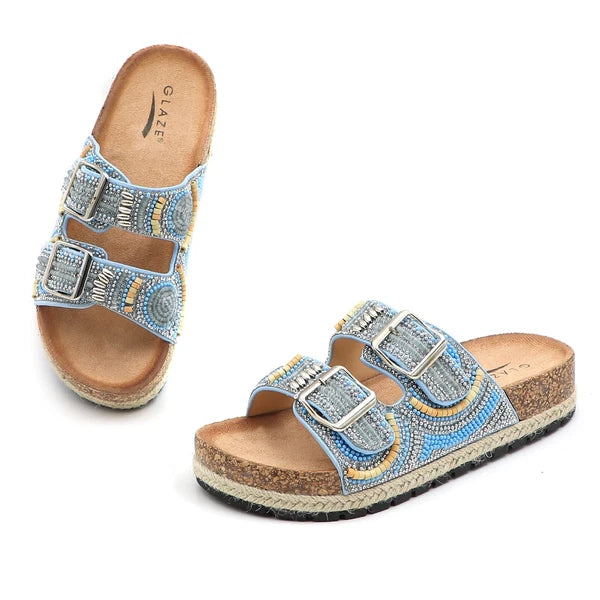Glaze Women's Beaded Rhinestone Sandal Buckle Cork Footbed Slides Bohemian Style