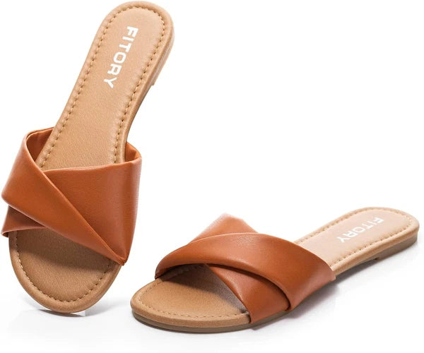Women'S Flat Sandals Fashion Slides with Soft Leather Slippers for Summer Size 6