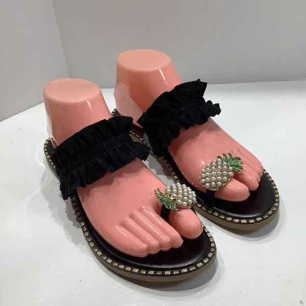 Women‘s Blk. Fashion Casual Ring Toe Pineapple Flat Slippers Slides Shoes Sz 8M