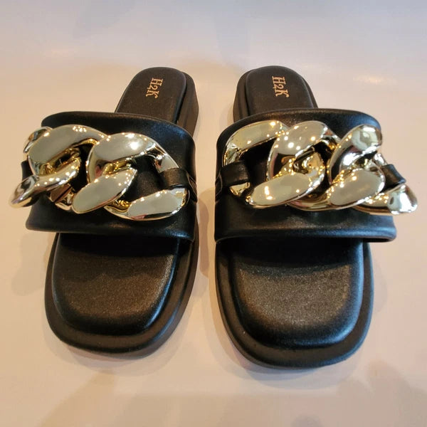 H2K Chain Black Fashion Comfort Soft Slides Flip Flops Sandals  Open Toe New