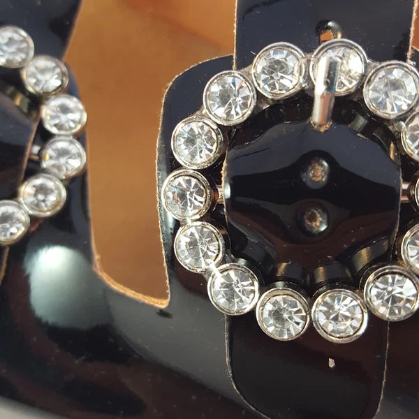H2K KAREN STONE Buckle Ornament Black Fashion Slides Flip Flops Sandals Bling