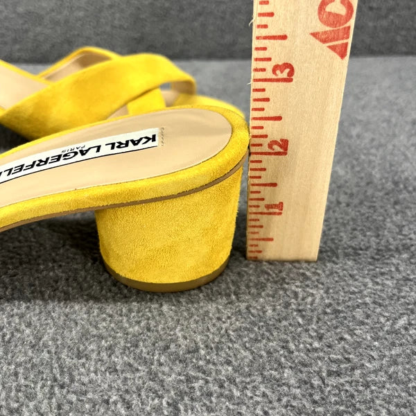Karl Lagerfeld Sandals Women 7 M Yellow Suede Fawn Canary Slide 2" Block Heel