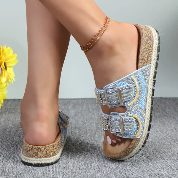 Glaze Women's Beaded Rhinestone Sandal Buckle Cork Footbed Slides Bohemian Style