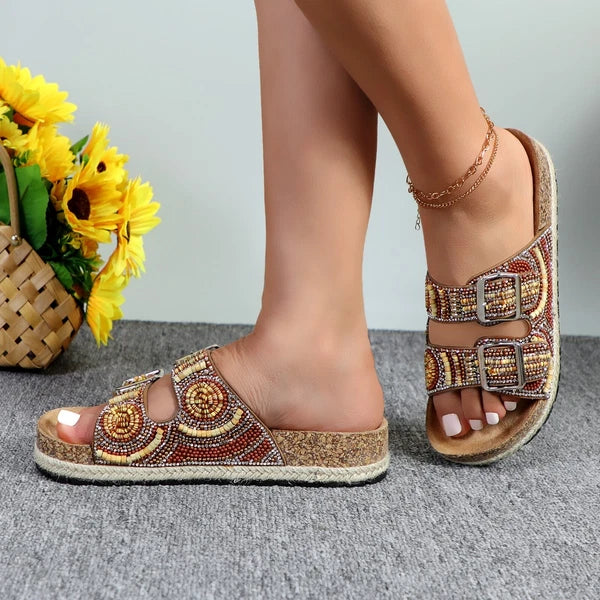 Glaze Women's Beaded Rhinestone Sandal Buckle Cork Footbed Slides Bohemian Style