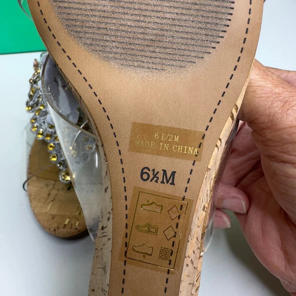 J. Renee Jeweled Cork Wedge Sandals Clear Straps Size 6.5M Party Evening