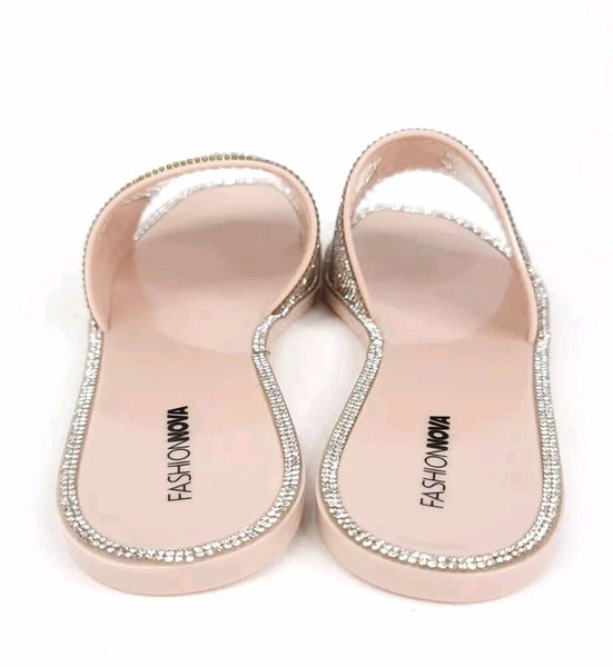 Fashion Nova Sandals Womens 10 w/ Box Flats Silver Rhinestones Slides Slip On