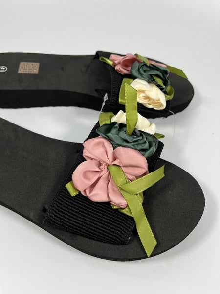 Women Flower Decor Single Band Slides Fashion Outdoor Polyester Slides  SIZE8.5