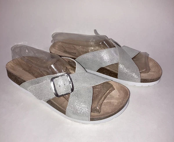 Sonoma Silver Suede Buckle Slide Footbed Sandals Size 7.5 Style Tarragon NEW