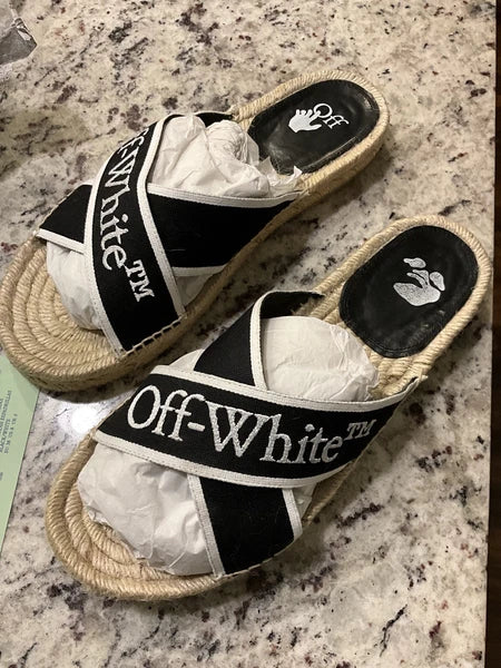 Off-White Black & White Logo Cross Strap Espadrille Slide Sandal Size Us8 Eu38