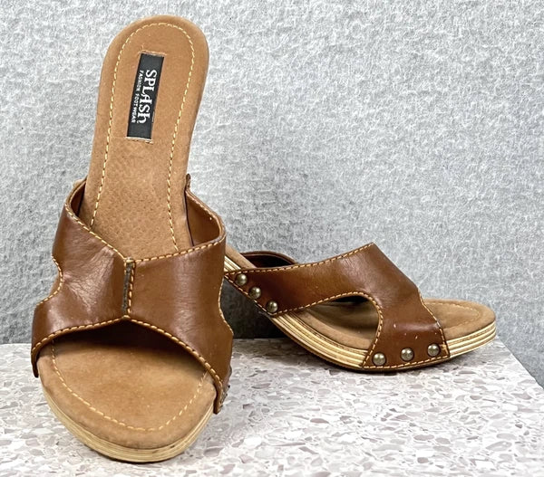 Splash Shoes Womens Size 7 Brown Studded Heeled Mules Sandals Slip On Fashion