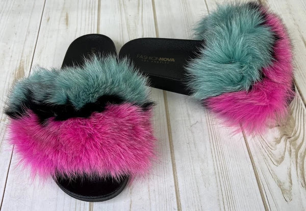 New Fashion Nova Women's Casino Rainbow Baby Slides Size 8 Faux Fur NWB