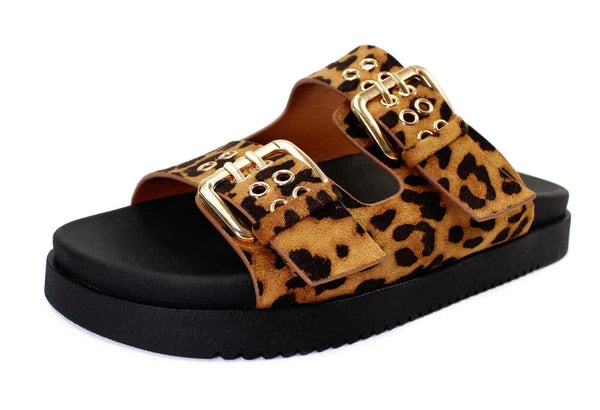 KARAUSA Fashion Leopard  2 Buckles Comport Sandal Slides Rhinestone PU Leather