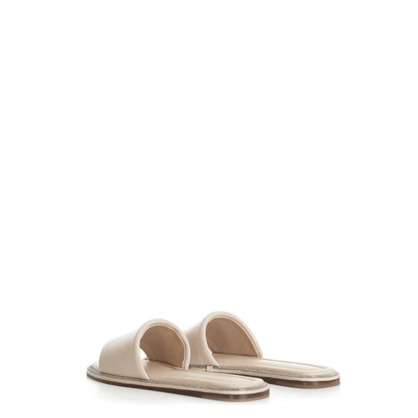 BRUNELLO CUCINELLI 895$ Slide Sandal - Sparkling Monili Trim Beige Leather Shoes