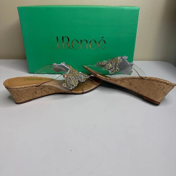 J. Renee Jeweled Cork Wedge Sandals Clear Straps Size 6.5M Party Evening