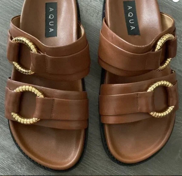 Aqua Bloomingdales Leather Arizona Style Slides Womens 6.5 Brown Gold Black $128