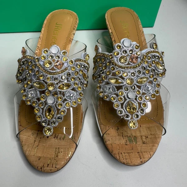 J. Renee Jeweled Cork Wedge Sandals Clear Straps Size 6.5M Party Evening