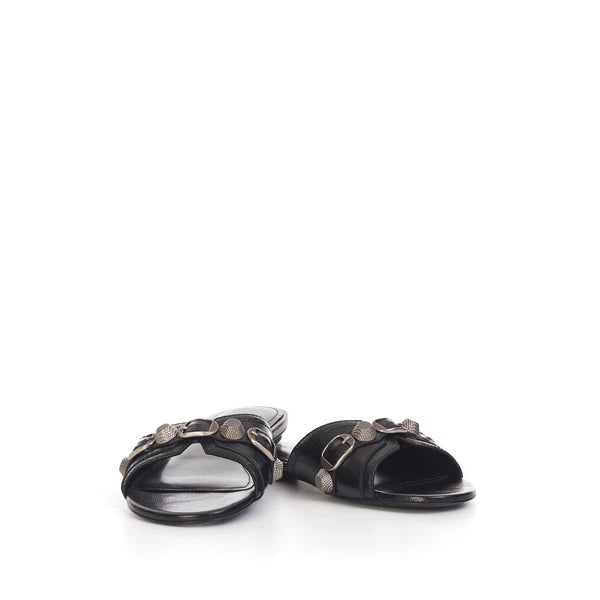 BALENCIAGA 750$ Cagole Slide Sandals - Arena, Studs, Black Leather
