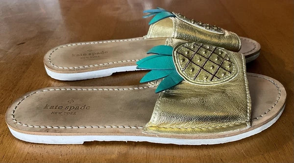 Kate Spade Womens Gold Metallic Leather Glitter Pineapple Sandals Slides Size 6