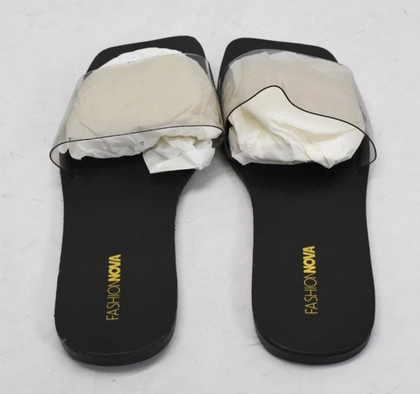 Fashion Nova Libra Black Sandals Clear Thick Strap Slip On Sandals Open Toe Sz 9